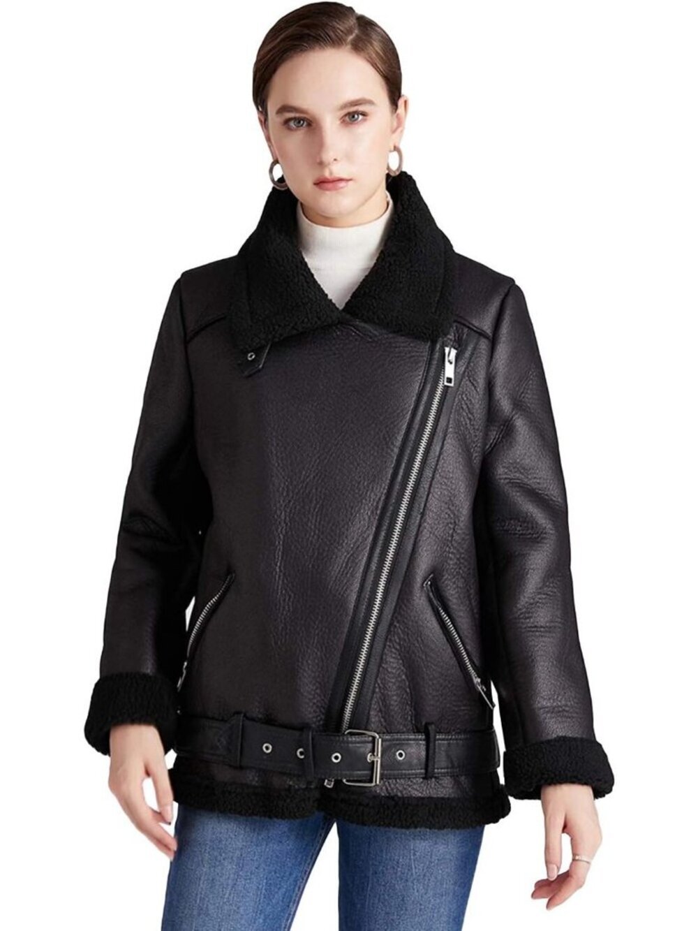 Women's Black Polyester Faux Shearing Moto Thick Lined Winter Leather Jacket